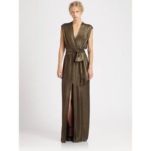 L'AGENCE Metallic Olive-Gold Wrap Maxi Dress